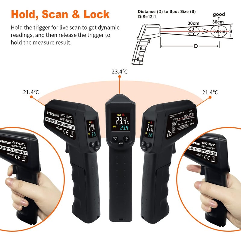 AHOSOUTLY Infrared Thermometer Temperature Gun -58℉~ 1022℉ (-50℃ ~ 550℃) Non-Contact Instant-Read Digital Laser Infrared Ir Thermometer with Color Screen (Black) - Image 5